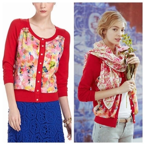 Anthro HWR {Monogram} Red Floral Panel Cardigan - Picture 2 of 7